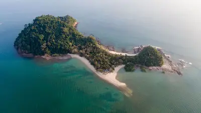 Vista aérea de una isla deshabitada cubierta de bosque denso en medio del mar de Andamán