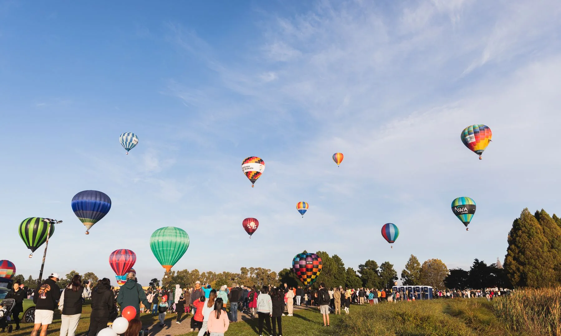 Colorful hot air balloons and crowd at a festival in Hamilton, New Zealand.
