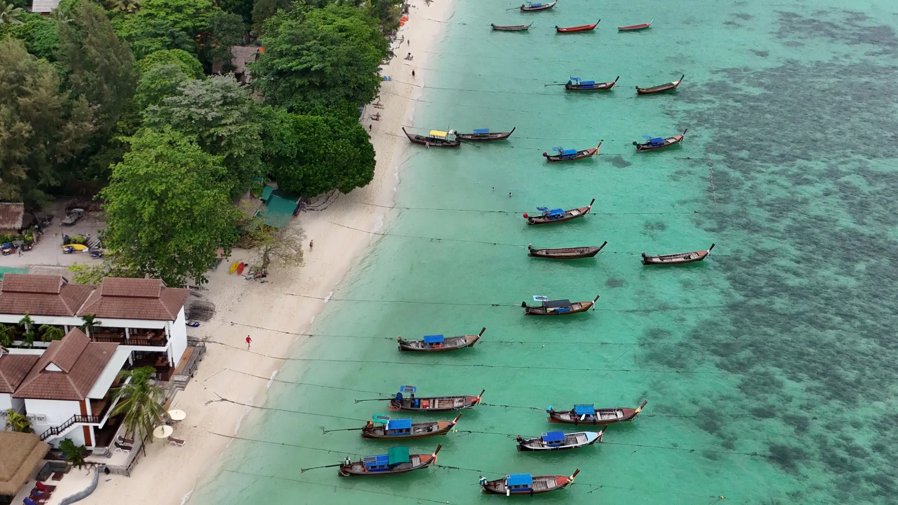 Vista aérea de embarcaciones tradicionales alineadas junto a la playa turquesa de Koh Lipe, en Satun