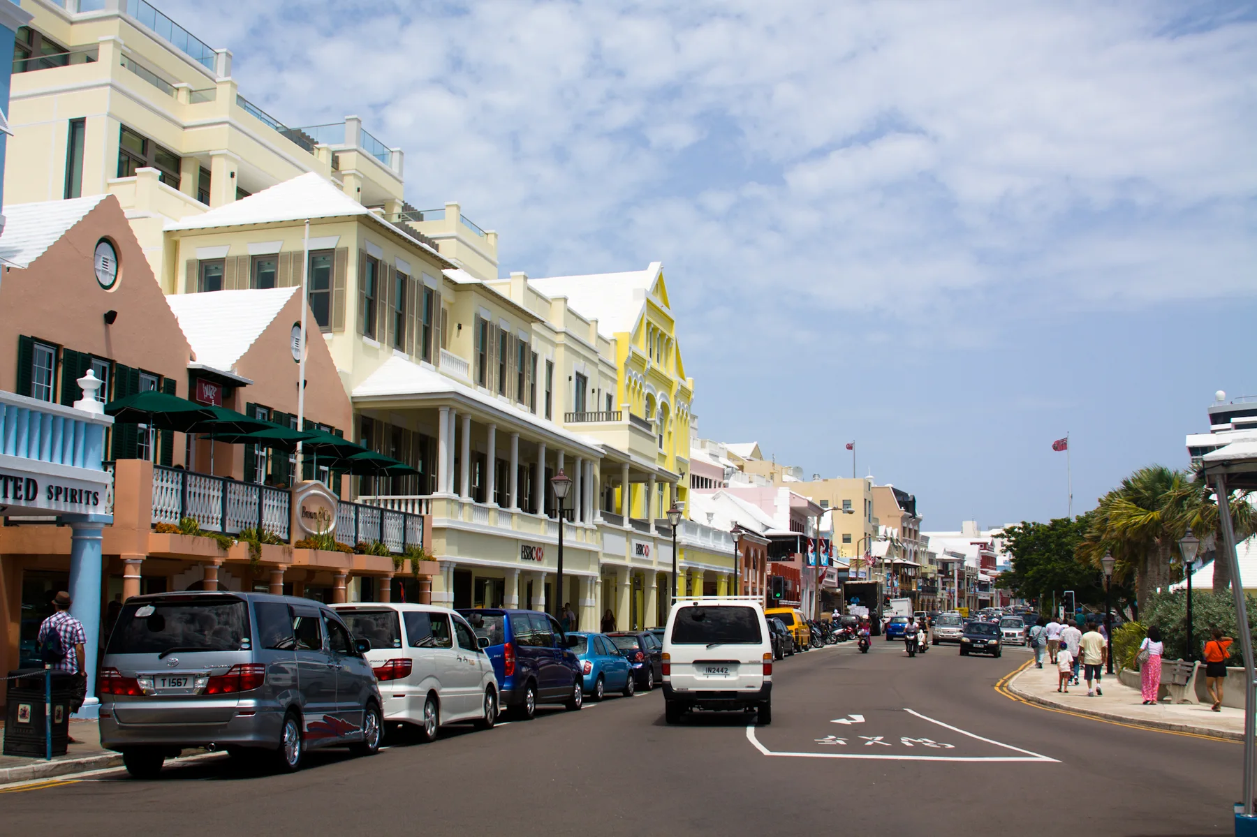 A view of Front Street at the corner of Queen Street in Hamilton, Bermuda.