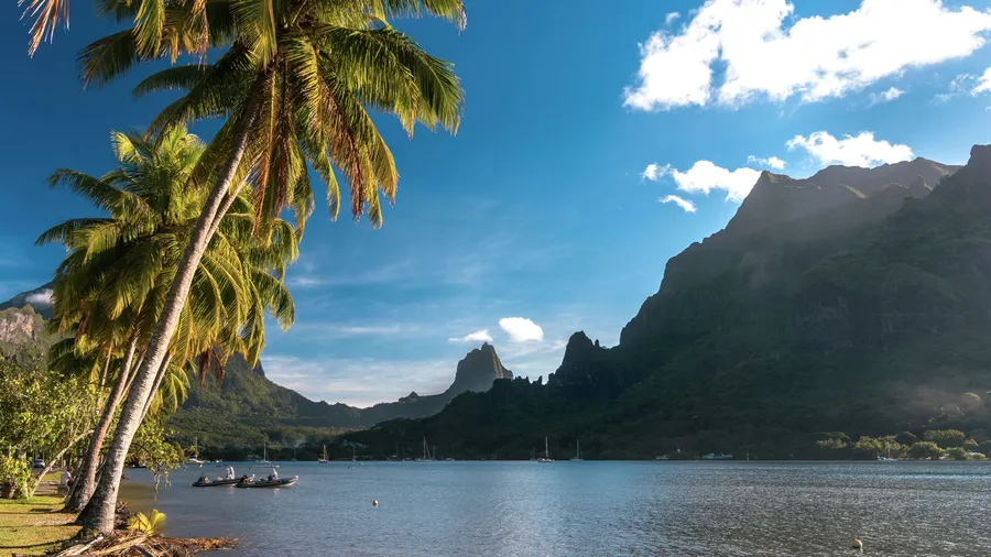 Laguna turquesa de Moorea con palmeras y montañas al fondo, en la Polinesia Francesa