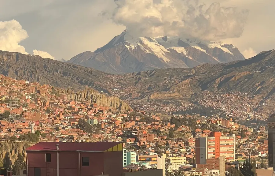 Stunning aerial view over La Paz, Bolivia with the Andes mountains in the background.