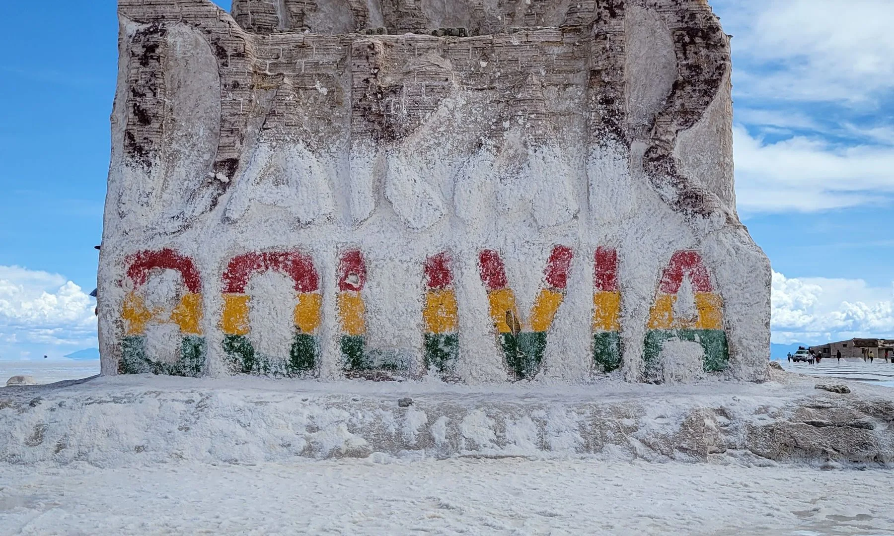 Sculpture of Dakar Monument at Salar de Uyuni, Bolivia, showcasing unique salt flat landscape.