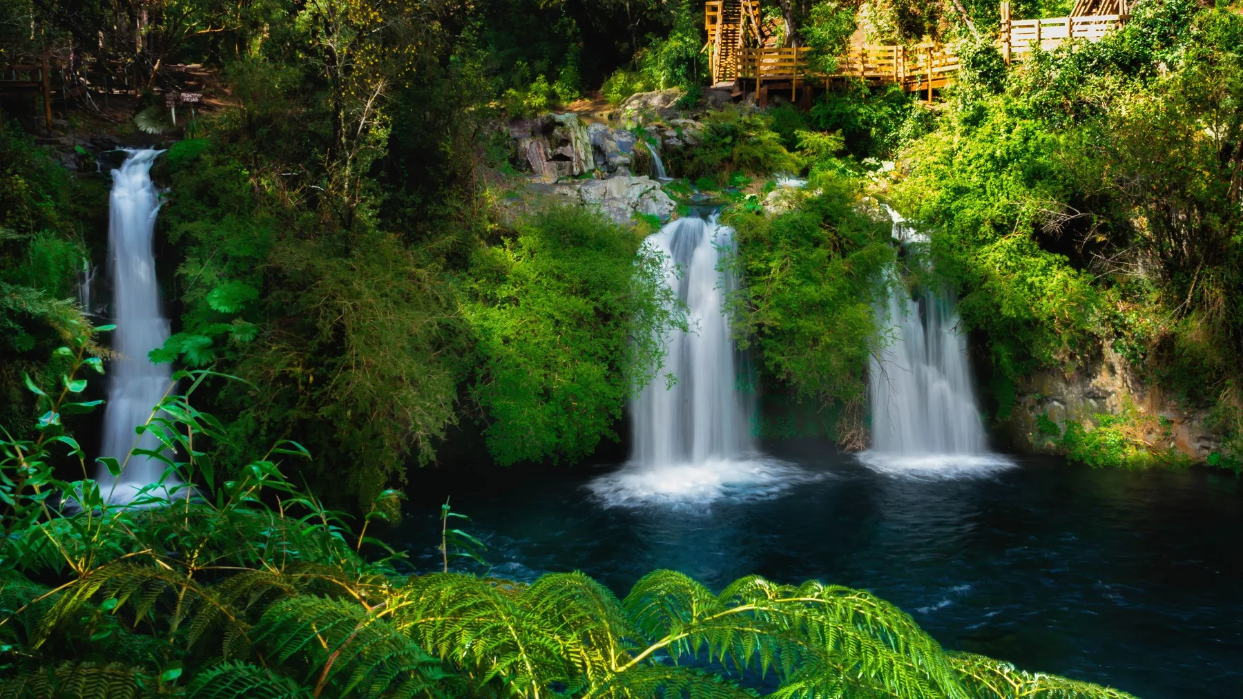 Cascadas rodeadas de vegetación exuberante en Pucón, Región de La Araucanía, Chile