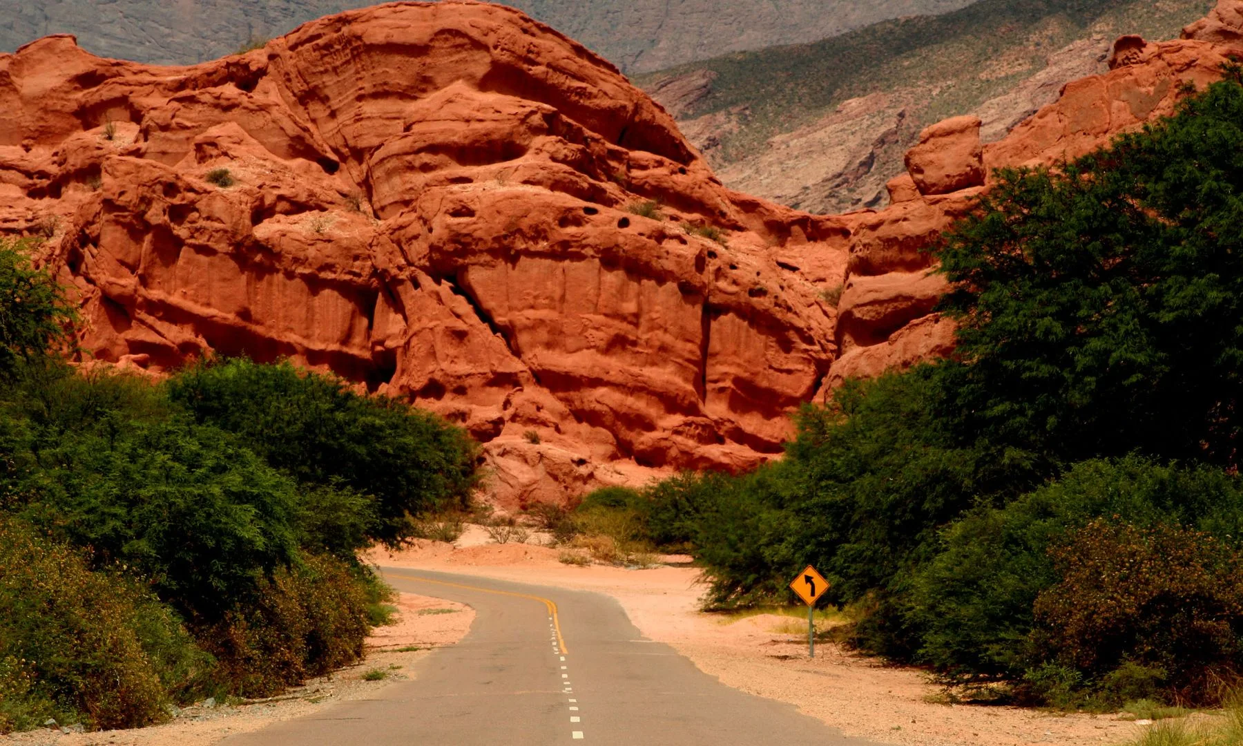 Ruta sinuosa en la Quebrada de las Conchas, entre formaciones rocosas rojizas