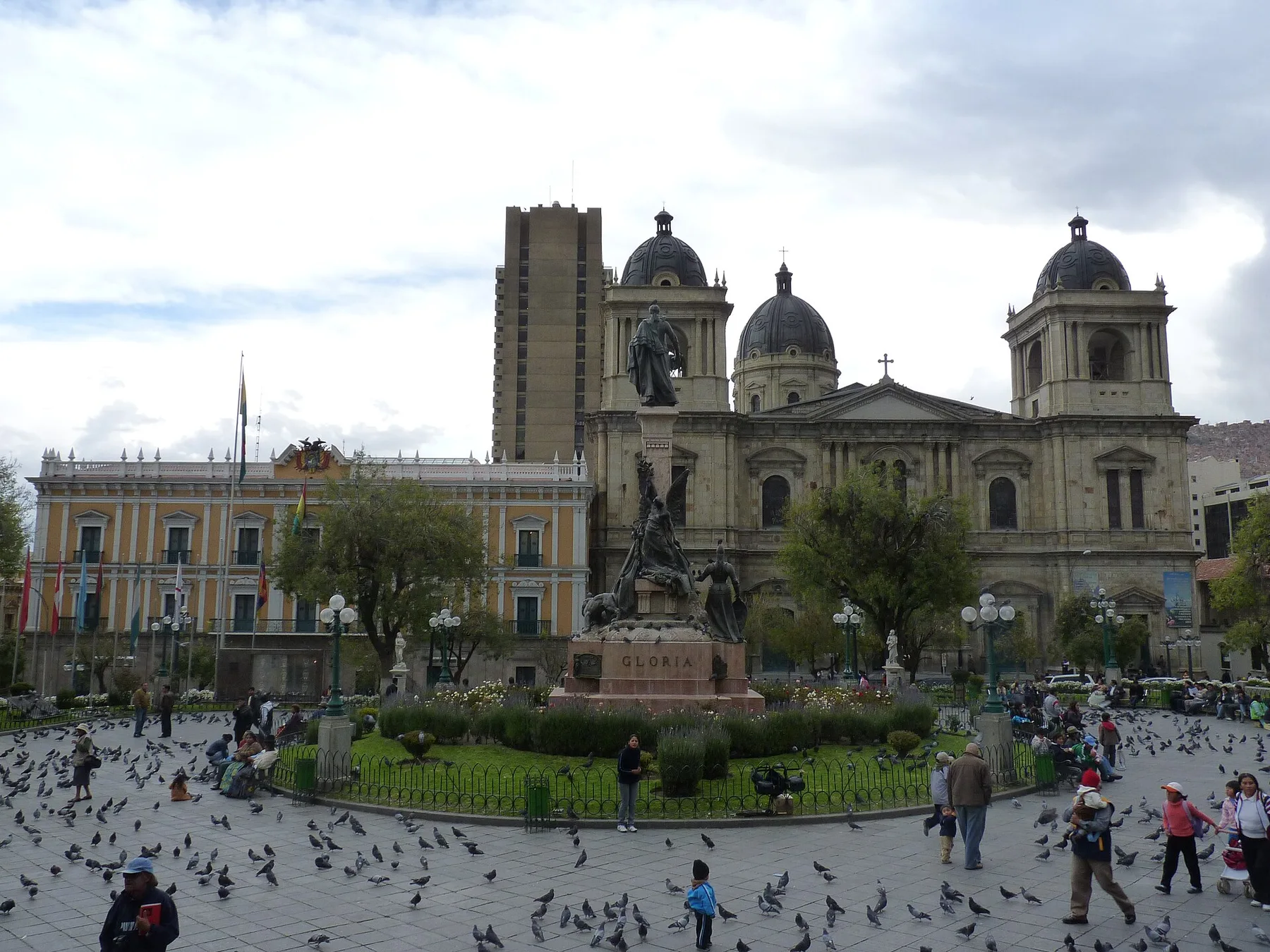 View of the Plaza Murillo in central La Paz, Bolivia, facing the central statue honoring Pedro Murillo, the Presidential Palace (or Palacio Quemado) and Cathedral