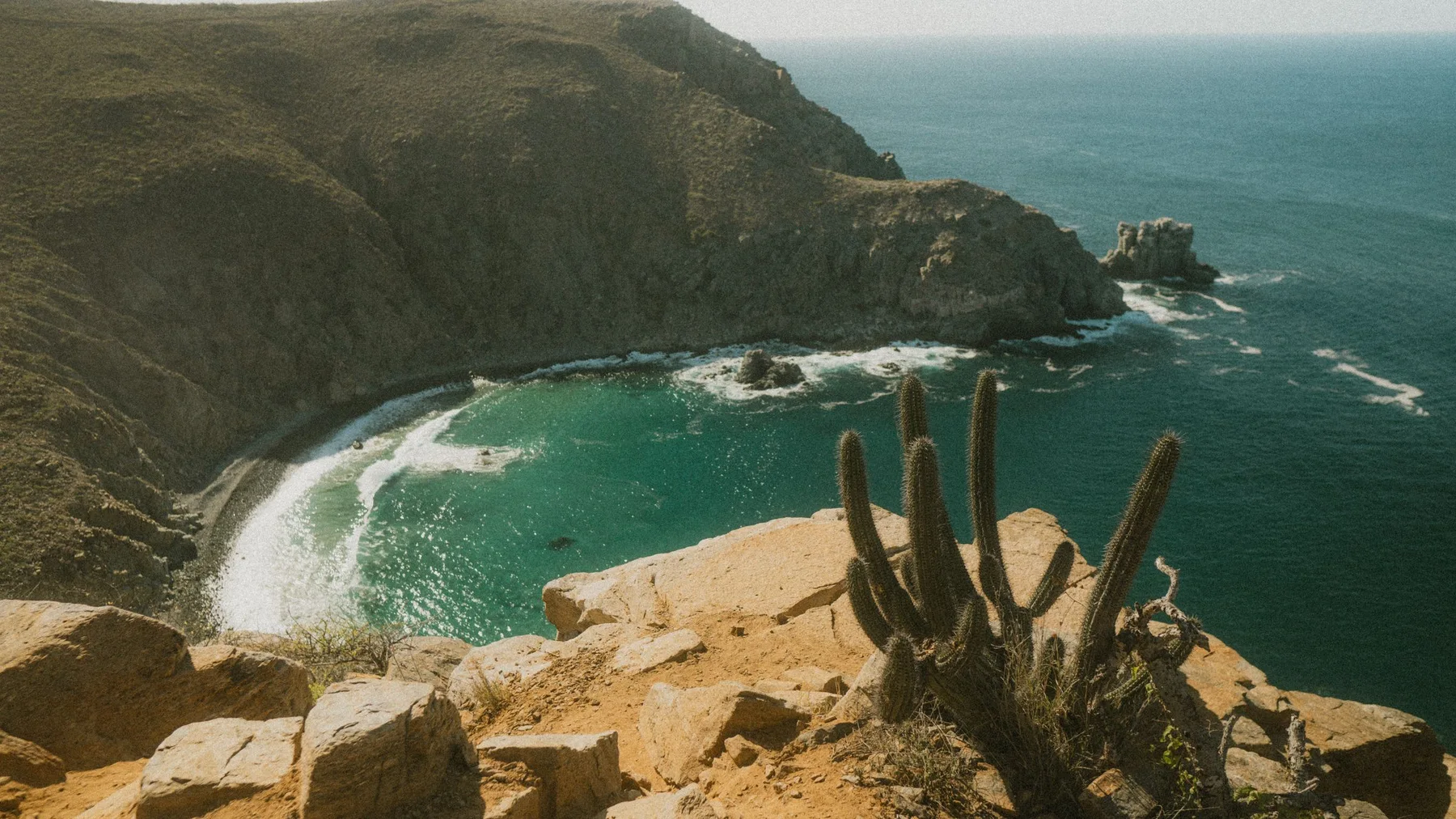A stunning view of a Baja California beach with rocky cliffs and cactus under a bright sun.