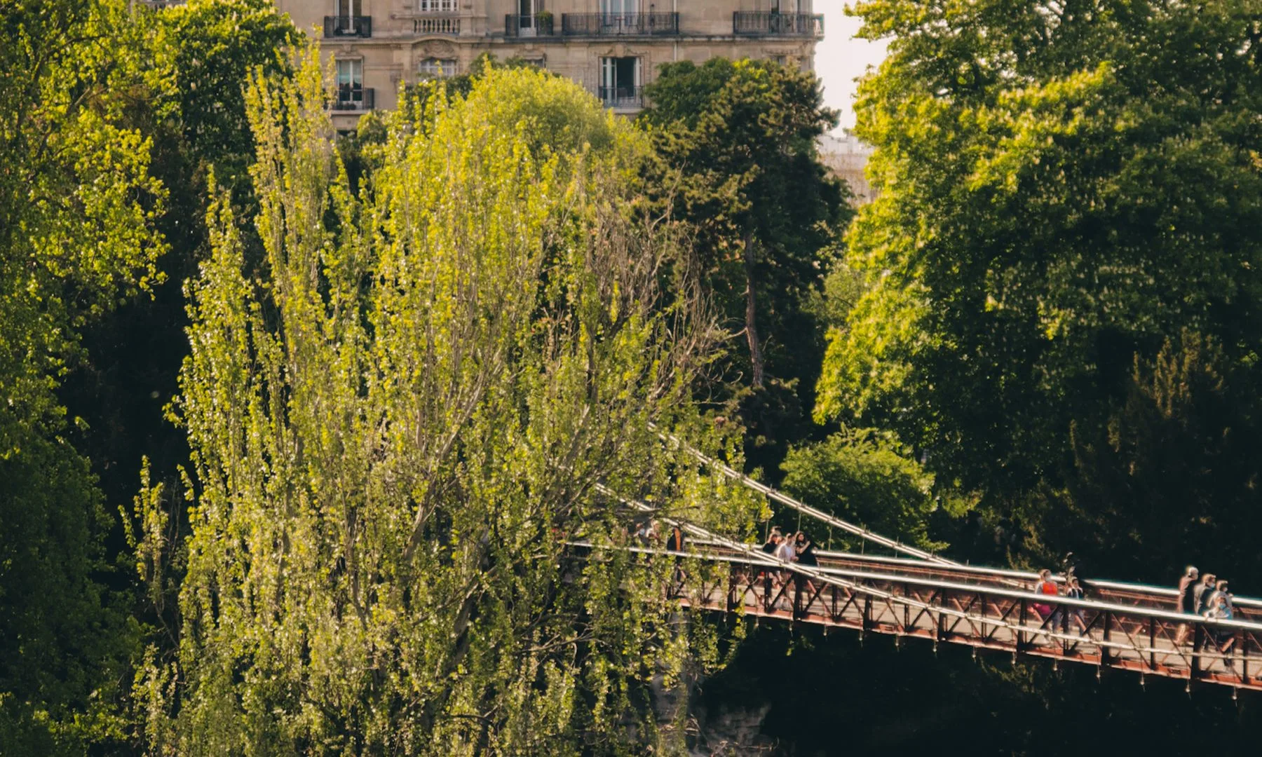 A picturesque view of a historic bridge in a Paris park surrounded by lush greenery and a classic building.